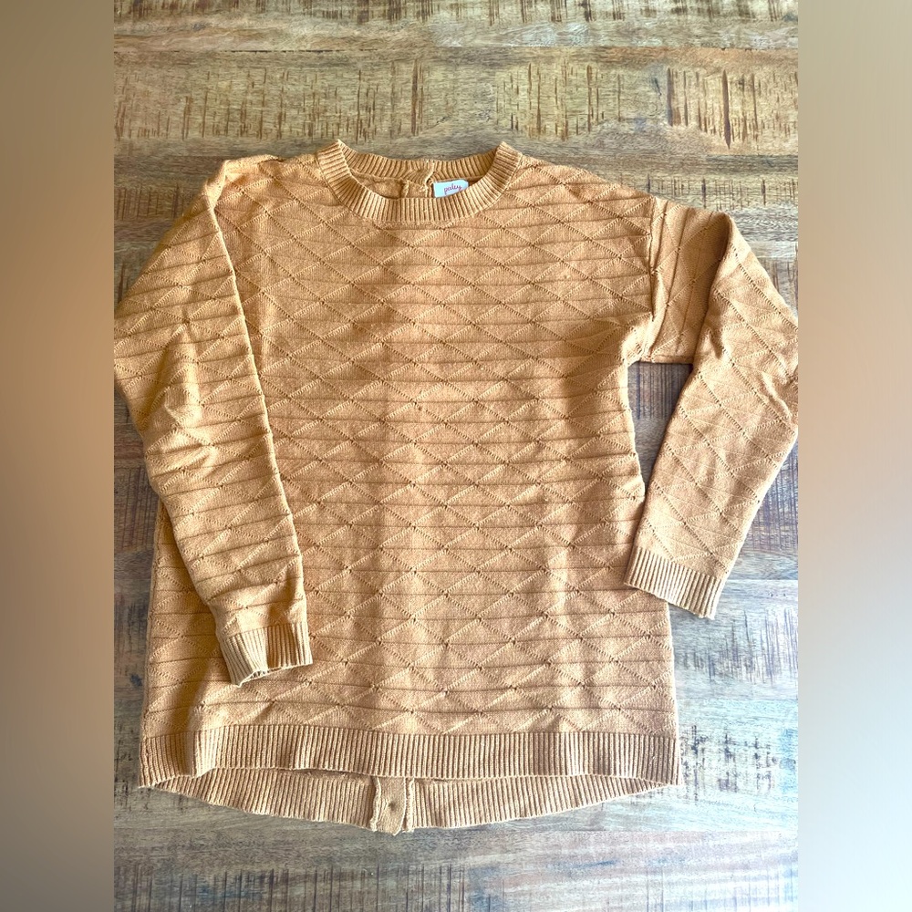 Pixley mustard yellow back button down sweater